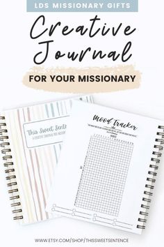 a spiral notebook with the words creative journal for your missionary on it and an image of