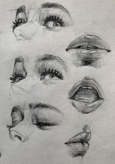 a drawing of different types of eyes and lips with various angles to the left, right