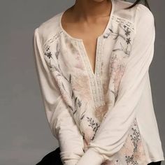 Tiny Brand From Anthropologie, New With Tags, Beautiful Shirt, Large Beige Feminine Tops With Floral Embroidery, Feminine Long Sleeve Embroidered Tops, Feminine Embroidered Beige Tops, Feminine Embroidered Cream Tops, Feminine Cream Embroidered Tops, Cream Embroidered Spring Tops, Feminine Embroidered White Tops, Cream Tops With Floral Embroidery, Cream Embroidered Top For Spring