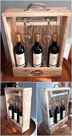 three bottles of wine in an old wooden box with corks on the bottom and inside