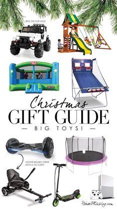 christmas gift guide for kids with toys and gifts under the tree, including an inflatable trampoline