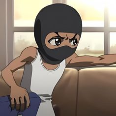 a cartoon character wearing a black mask and white tank top, standing in front of a couch