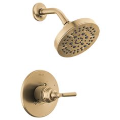 the delta shower faucet is shown in brushed brass