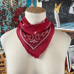 "Vintage stained red paisley floral print all cotton colorfast Paris Accessories bandana handkerchief. Made in the U.S.A. of imported fabric. Measures 18.75\" x 17.75\" Is semi soft + will soften more with wear/washes. Has staining {see images}." Bandana Around Neck, Bandana Aesthetic, Neck Bandana, Bandana Designs, Red Bandana Outfit, Casual Red Bandana For Festivals, Vintage Bandana With Bandana Print For Summer, Red Bohemian Bandana For Spring, Paisley Bandana