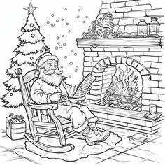 santa claus sitting in his rocking chair by the fireplace coloring page for adults and children