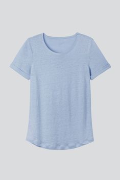 A tailored, flattering 100% linen t-shirt. With fantasy stitching around the neckline and rolled sleeves, this tee will become your go-to piece this summer. Neutral Wardrobe, Happy Fashion, Linen Tshirts, Rolled Sleeves, Blue T Shirt, Pink Tshirt, Blue Tshirt, Striped Linen