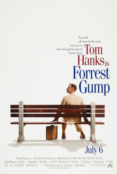 a movie poster for forrest gump with a man sitting on a bench and luggage