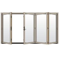 an open white room divider with mirrors on the sides and doors to each side