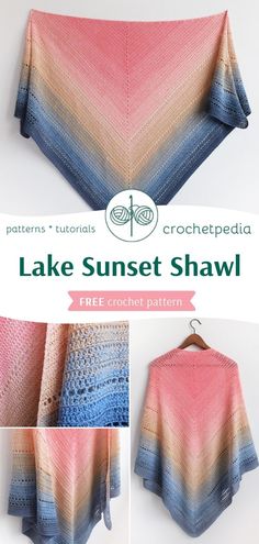 a crocheted shawl is shown in three different colors and the text reads lake sunset shawl free crochet pattern