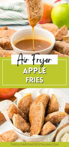 an air fryer apple fries with dipping sauce