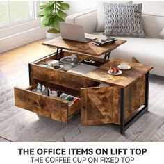 the office items on lift top coffee table are organized and ready to be used for work