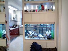 a fish tank in the middle of a living room