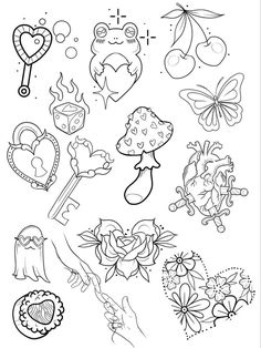 an image of tattoos with hearts, flowers and other things to draw on the page