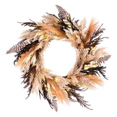 a wreath with feathers and lights on it