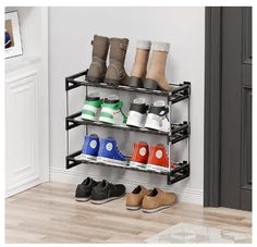 four tier shoe rack with various pairs of shoes