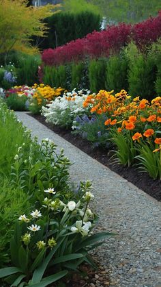 an assortment of colorful flowers and plants in a garden area with gravel path between them