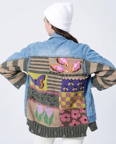 (Handknit Patchwork Jean Jacket with Flowers, Boyfriend 90s Denim Jacket, Vintage Custom Embroidered Women's Denim Jacket, Best Friend Gift) This unique denim jacket has beautiful handknit floral patchwork designs on back and sleeves of the jacket We used organic wool yarns and the high quality jean jacket in this design. This jacket was knitted in 250 hours by talented women in Turkey. SIZES: S- Hips 100 cm (40 inches), Arms 54 cm (21 inches), Length 76 cm (30 inches) M- Hips 104 cm (41 inches) Patchwork Jean Jacket, Boyfriend Jean Jacket, Unique Denim Jacket, 90s Denim Jacket, Designer Denim Jacket, Denim Jacket Vintage, Velvet Sweater, Designer Denim, 90s Denim