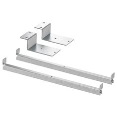 two metal brackets are shown on a white background and one is attached to the wall