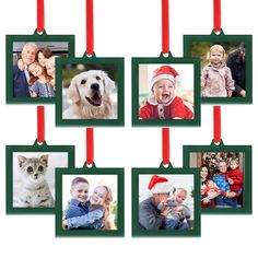 a family photo ornament hanging on a christmas tree with four pictures in it