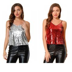 A classic cami that's elevated by modern embellished detailing. Sequins are the main feature of this sleeveless wardrobe. A simple vest is given a striking update with a sequin overlay, with a V-front for a flattering shape which is perfect to pair with the coordinating sequin skirt for a festive ensemble or on its own with trousers and heeled boots. Perfect for adding sparkles to this season, complete the look with leather leggings and a matching jacket. Except for gold, the tops of other colors are bicolor sequins. You can change the color of this cami top by turning the sequins over. Racerback Top, Spaghetti Strap Tank Top, Knitted Tank Top, Leather Leggings, Knit Tanks, Cami Top, Cami Tops, Summer Casual, Heeled Boots