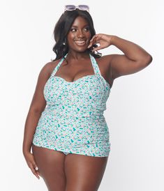 Unique Vintage Plus Size Turquoise Retro Hearts Print Corrine Sheath Swimsuit - Unique Vintage - Womens, SWIM, 1 PC Fitted Turquoise Tankini For Poolside, Turquoise Fitted Tankini For Poolside, Turquoise Fitted Halter Neck Swimwear, Sleeveless Turquoise Tankini For Pool, Retro Fitted Halter Neck Tankini, Unique Swimsuits, Vintage Plus Size, Hearts Print, Vintage Swim