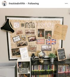 there is a book shelf with many books and pictures on the wall behind it that says insta history