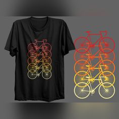 a t - shirt with three bicycles on it and the colors are red, yellow, blue