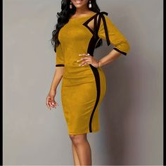 Women’s Dress Contrast Trim Bow Decor Dress, Elegant 3/4 Sleeve Bodycon Dress Brand New Without Tag Bodycon Dress 3/4 Short Sleeve Size Large #1033 Elegant Yellow Long Sleeve Bodycon Dress, Elegant Yellow Bodycon Dress, Elegant Yellow Stretch Bodycon Dress, Yellow Stretch Elegant Bodycon Dress, 3/4 Sleeve Bodycon Dress For Party, Party 3/4 Sleeve Bodycon Dress, Bodycon Dress With Sleeves, Bow Decor, Sleeve Bodycon Dress