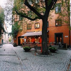 an empty cobblestone street with benches and tables in front of a red building