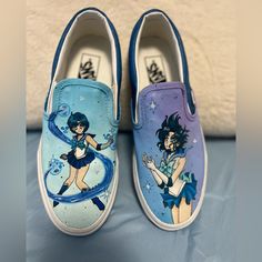 Sailor Moon, White Vans, Custom Made Size 8 In Women Brand New. Sailor Mercury Brand New And Custom Made By Hand. Vans Custom, Sailor Mercury, White Vans, Custom Vans, Sugar Skull, Sailor Moon, Women Brands, New Color, Custom Made