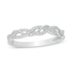 With mesmerizing design, this exquisite diamond anniversary band reflects your romance. Fashioned in cool 10K white gold, this pleasing look showcases a pair of sparkling diamond-lined twist ribbons entwined with a single polished ribbon. Radiant with 1/6 ct. t.w. of diamonds and a brilliant buffed luster, this anniversary band shimmers with many more wonderful years to come. Anniversary Bands For Her, Perfect Wedding Ring, Twist Wedding Band, Big Wedding Rings, Twisted Ribbons, Pretty Engagement Rings, 50th Anniversary Gifts, Engagement Ring Inspiration, Diamond Anniversary Bands