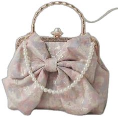 Feminine Bags With Pearl Handle For Everyday Use, Feminine Beige Party Bag, Pink Shoulder Bag With Bow, Feminine Bag With Detachable Handle As Gift, Feminine Bags With Pearl Handle For Gift, Elegant Beige Bag With Bow, Elegant Wedding Bags With Bow, Elegant Wedding Bags With Bow Detail, Feminine Pouch Bag With Detachable Handle