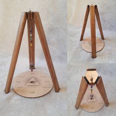 four different angles of a wooden tripod with beads on the top and below it