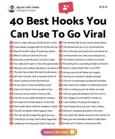 a poster with the words 40 best hooks you can use to go virtual