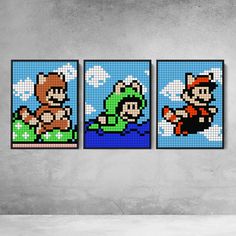 three pixel art pieces depicting mario and luigi