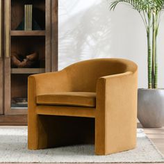 a chair sitting on top of a rug next to a potted plant and bookshelf