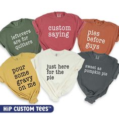 Custom Funny Thanksgiving Sayings Comfort Colors®, Group Graphic Tees, Friendsgiving Unisex T-Shirt Custom designs are printed onto the shirts using DTG (direct to garment printing) using Brother Innobella™ water based ink. The ink soaks into the fibers of the garment for a soft, breathable and durable print. We DO NOT use Vinyl.   MATERIAL: Comfort Colors® T-Shirt made from preshrunk, soft-washed, garment-dyed fabric 100% Ring Spun Cotton SIZING:  Please see size chart in the images. All of our shirts are a unisex fit for both adults and kids.   For an oversized fit, please order up 1-2 sizes. The dimensions shown in the size chart are of the shirt lying flat, not the circumference. CARE INSTRUCTIONS: Machine wash cold with like colors. Tumble dry low.  Do not bleach.  Do not iron directl Funny Thanksgiving Sayings, Thanksgiving Sayings, Thanksgiving Quotes Funny, Saint Augustine, Thanksgiving Quotes, Funny Thanksgiving, Custom Tees, Dyed Fabric, Tshirt Colors