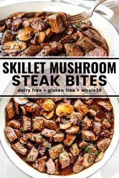 skillet mushroom steak bites in a white bowl with a fork on the side and text overlay that reads skillet mushroom steak bites