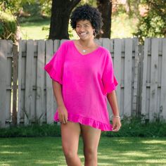 Stylish and versatile! The Demi Ruffle Cover Up is a one size wonder featuring a semi-sheer cotton gauze fabric in a crisp white hue, with cute ruffles along the hemline and sleeves. Its poncho-style cut makes it easy to slip over any swimsuit, or wear with a tank and your favorite pants! The perfect beach accessory! 100% Cotton Model is wearing a One Size and is 5'9" Machine wash cold, gentle cycle, tumble dry low. Warm iron if needed. One size fits most Beach Ruffle Sleeve Tops With Ruffles, Beach Tops With Ruffle Sleeves And Details, Ruffled Tops For Beach, Summer Beach Top With Frayed Hem, Beach Pink Top With Ruffle Hem, Beach Tops With Ruffles And Flutter Sleeves, Sheer Swimsuit, Cotton Gauze Fabric, Beach Kimono