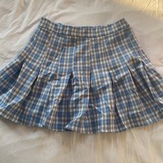 Cute Blue And White Plaid Skirt Never Worn Size L .Fit Like M Great Skirt But Too Shots For Me. Preppy Fitted Blue Bottoms, Casual Lined Mini Pleated Skirt, Casual Pleated Mini Skirt With Lining, Casual Lined Pleated Mini Skirt, Preppy Blue Bottoms For Spring, Preppy Blue Skort For Spring, Preppy Blue Bottoms For Day Out, Trendy Fitted Blue Tennis Skirt, Blue Pleated Skirt For Summer