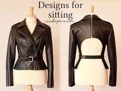 two mannequins wearing black leather jackets and white dresses with the words designs for sitting on them