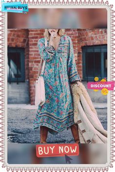 Bohemian Printed Fashion Casual Loose Dress Long Hippie Boho Dress For Spring, Long Boho Dress With Boho Print For Spring, Chic Long Sleeve Maxi Dress With Boho Print, Vintage Long Sleeve Dress For Day Out, Casual Long Sleeve Maxi Dress For Festivals, Long Boho Print Dresses For Spring, Long Spring Dresses With Boho Print, Long Hippie Dress With Floral Print, Hippie Boho Long Dress For Spring