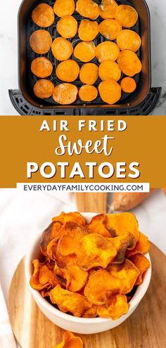 air fried sweet potato chips in a white bowl on a wooden cutting board with text overlay