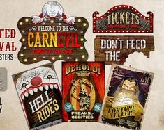 an advertisement for the carnival with various signs