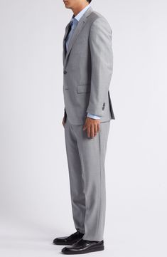 Softly heathered grey wool brings all-occasion versatility to a suit styled with traditional detailing, from the notched lapels to the flat-front trousers. Jacket has notched lapels; four-button cuffs; chest welt pocket; flap pockets; side vents Trousers have zip fly; front slant pockets; back button-welt pockets Jacket is lined; trousers are lined to the knee Unhemmed 99% wool, 1% other fibers Dry clean Made in Italy Suit Style, Pocket Jacket, Peter Millar, Wool Suit, Welt Pockets, Flap Pocket, Welt Pocket, The Knee, Light Grey