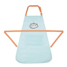 a blue and white striped apron with an orange handle