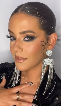 Rhinestone Hair And Makeup, Rhinestone Makeup And Hair, Rhine Stone Hairstyles, Glam Stage Makeup, Crystals On Hair, High Ponytail With Rhinestones, Rinestone In Hair, Slicked Hair With Gems, Diamonds In Hair Jewels