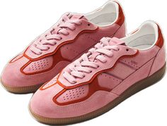 Pink Suede Sneakers For Sports, Pink Suede Low-top Sneakers, Pink Suede Sneakers With Gum Sole, Pink Sneakers With Red Sole For Streetwear, Pink Suede Lace-up Sneakers, Pink Suede Sneakers With Round Toe, Casual Pink Sneakers With Red Sole, Pink Suede, Suede Sneakers