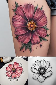 three different pictures of flowers on the side of a woman's thigh and arm