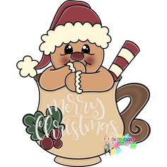 a cartoon bear in a santa hat holding a mug